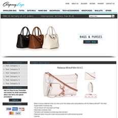 An ad template for a bags and accessories site showing a black, brown, cream handbag and another white bag with chain straps