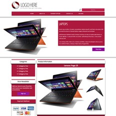 An ad template for a laptop and accessories store featuring an orange laptop running Windows 8 opened at different angles
