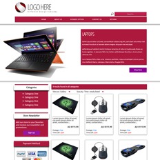 A sample website for a laptop and accessories store featuring an orange laptop running Windows 8 opened at different angles
