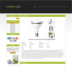 A sample ad template on a website of a lighting store, featuring a flat white LED light bulb and its product specifications