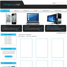Sample website design and layout of a tech store featuring a white and black iPhone 4, a laptop, and a personal computer unit