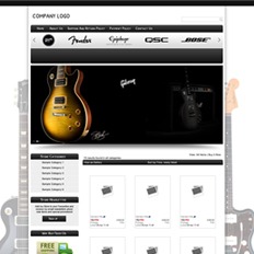 Sample website design and layout of a musical instruments store featuring the body of a tricolored guitar on black background